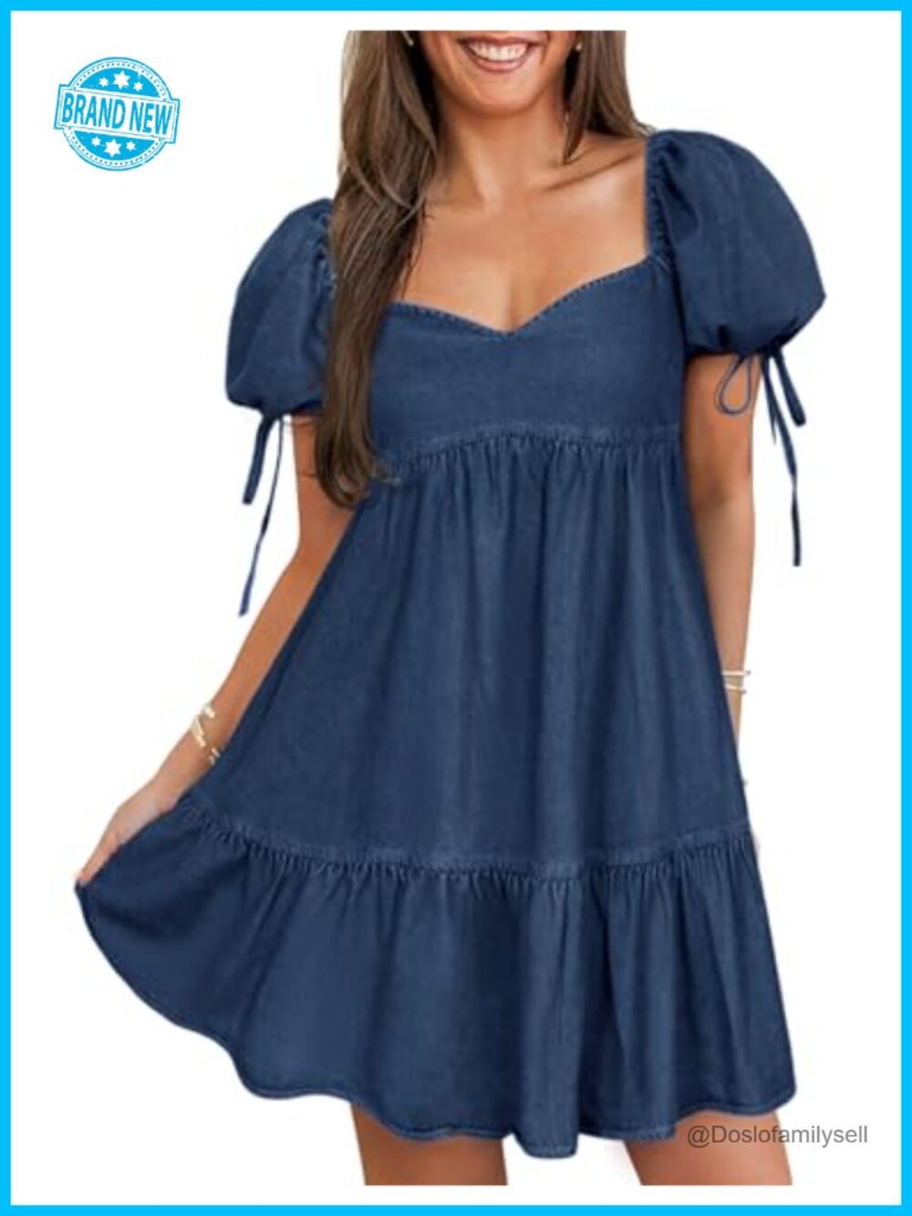 POTILI Denim Dress Puff Short Sleeve Sweetheart Mini Jean Dress